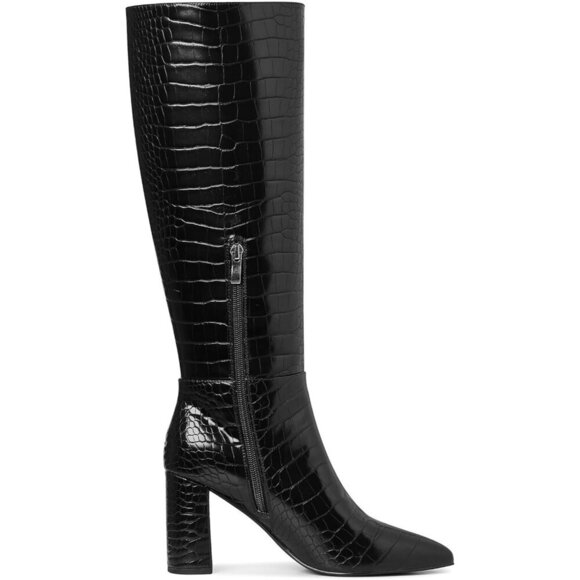 🆕Women Black Knee High Faux Crocodile Long Tall Pointed Chunky High Heel Boots - Picture 5 of 5